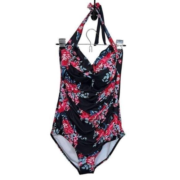 Smismivo Womens One-Piece Swimsuit Floral Print Halter Neck XXL Black & Red Nylo - Picture 2 of 11
